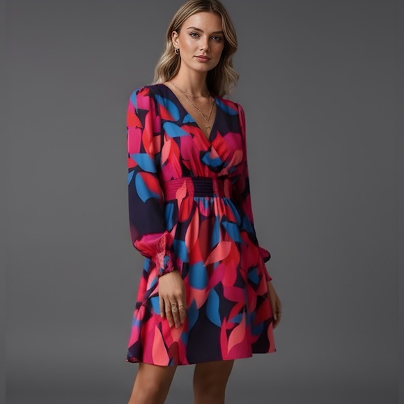 Shirred Bishop Cuff Sleeve A-line Dress - Picture 1 of 9